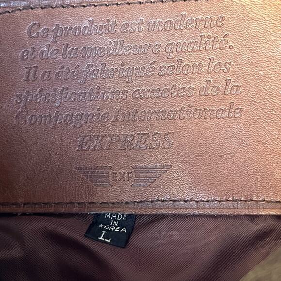 Vtg 90s Express Brown Distressed Oversized Grunge Moto Bomber Leather Coat L - Picture 9 of 10